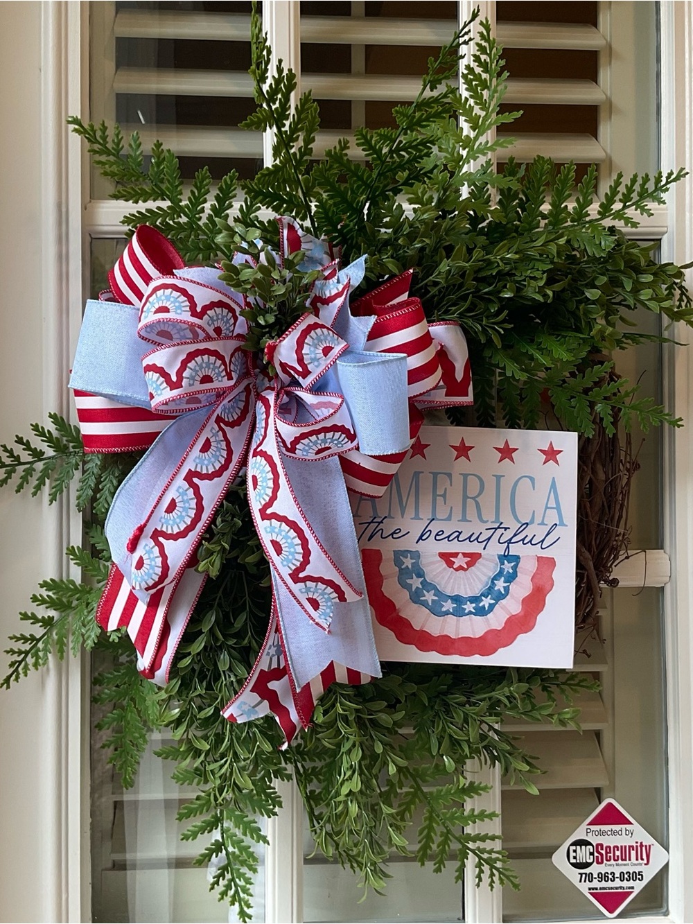Patriotic Red, White & Light Blue Holiday Wreath with Decorative Bow